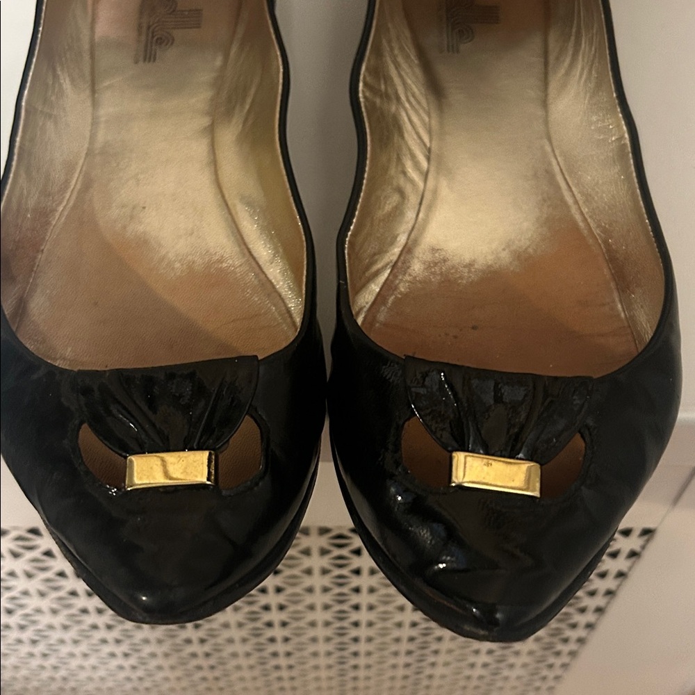 Glossy Black Flats with Gold Accent